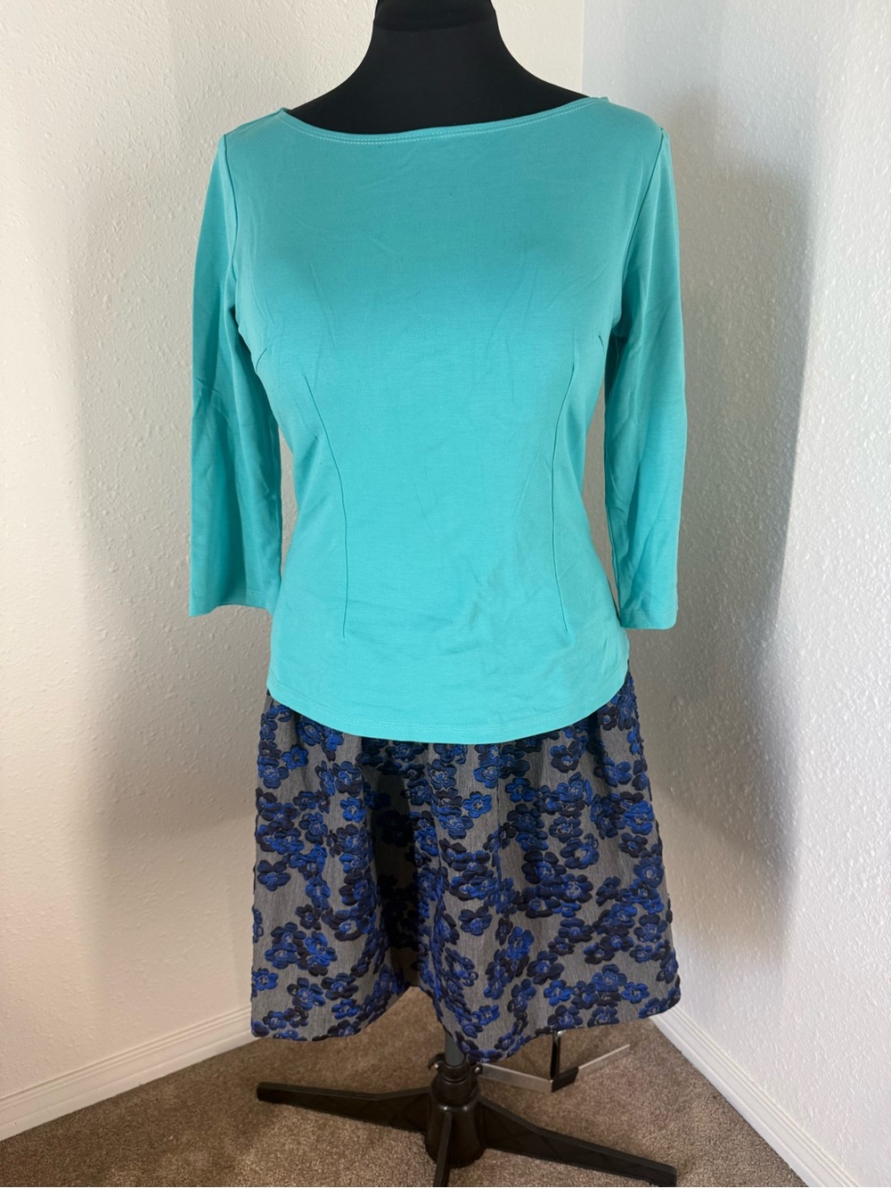 Laura Byrnes pints Women’s Turquoise Boatneck Top pinup 3/4 sleeve